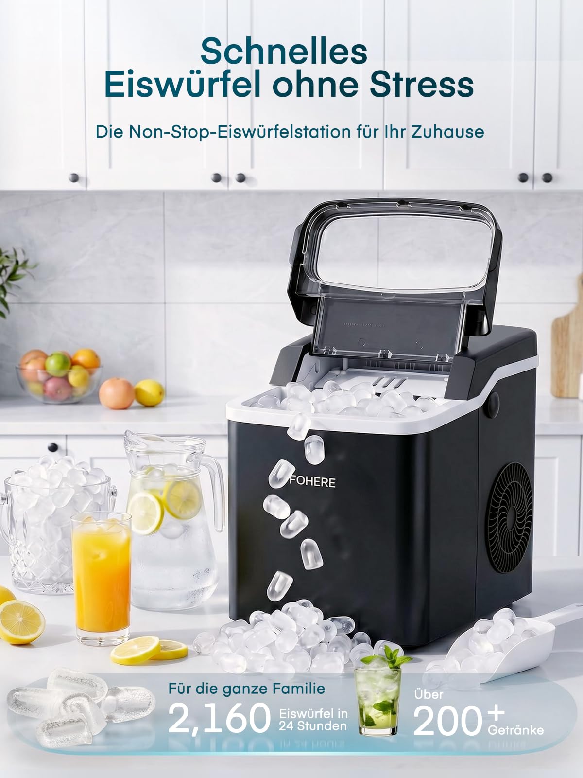 FOHERE Eiswürfelmaschine Klein, Eiswürfelbereiter mit Selbstreinigung, 9 Eiswürfel in 5 Min, 14kg/24H, Tragbarer Tisch-Ice Maker mit 2 Eiswürfelgrößen, Eisschaufel & Korb für Küche, Büro, Bar, Party