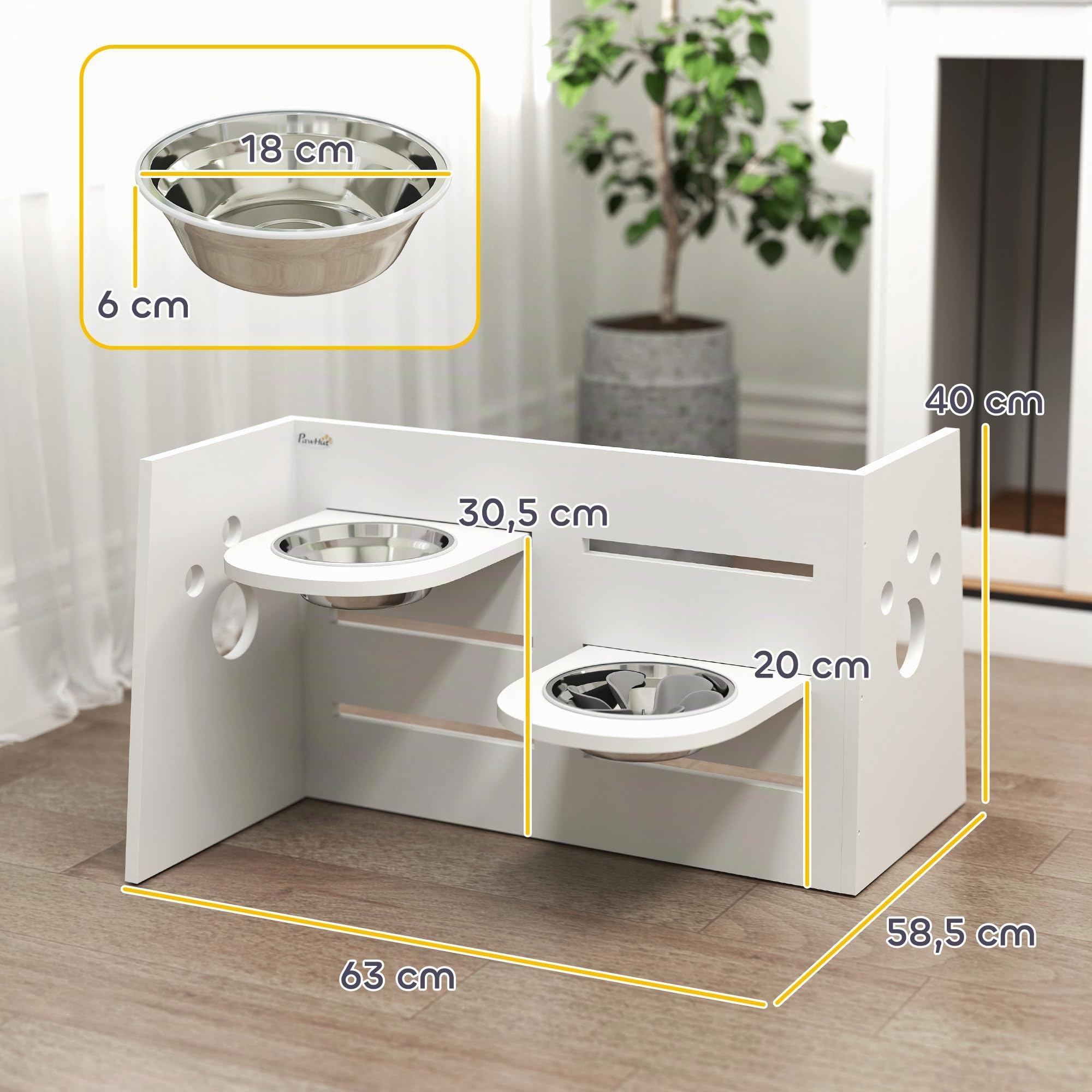PawHut Comedero Perros Elevado 3 Alturas Ajustables para Perros Blanco | Cuencos 2x1 L, 1 Alfombrilla Antivoracidad, Comedero para Perros Pequeños Medianos y Grandes
