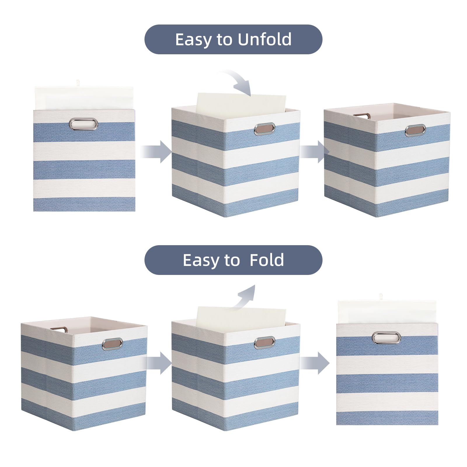 Würfelförmige Aufbewahrungsbehälter, zusammenklappbare Aufbewahrungswürfel, Aufbewahrungsboxen aus Stoff für Home-Office-Kleiderschrankregale, 4er-Pack, 33x33x33 cm, Blau/Weiß | Faltbare Stoffbehälter mit Griffen, gestreifte Boxen für Büro, Kleiderschrank