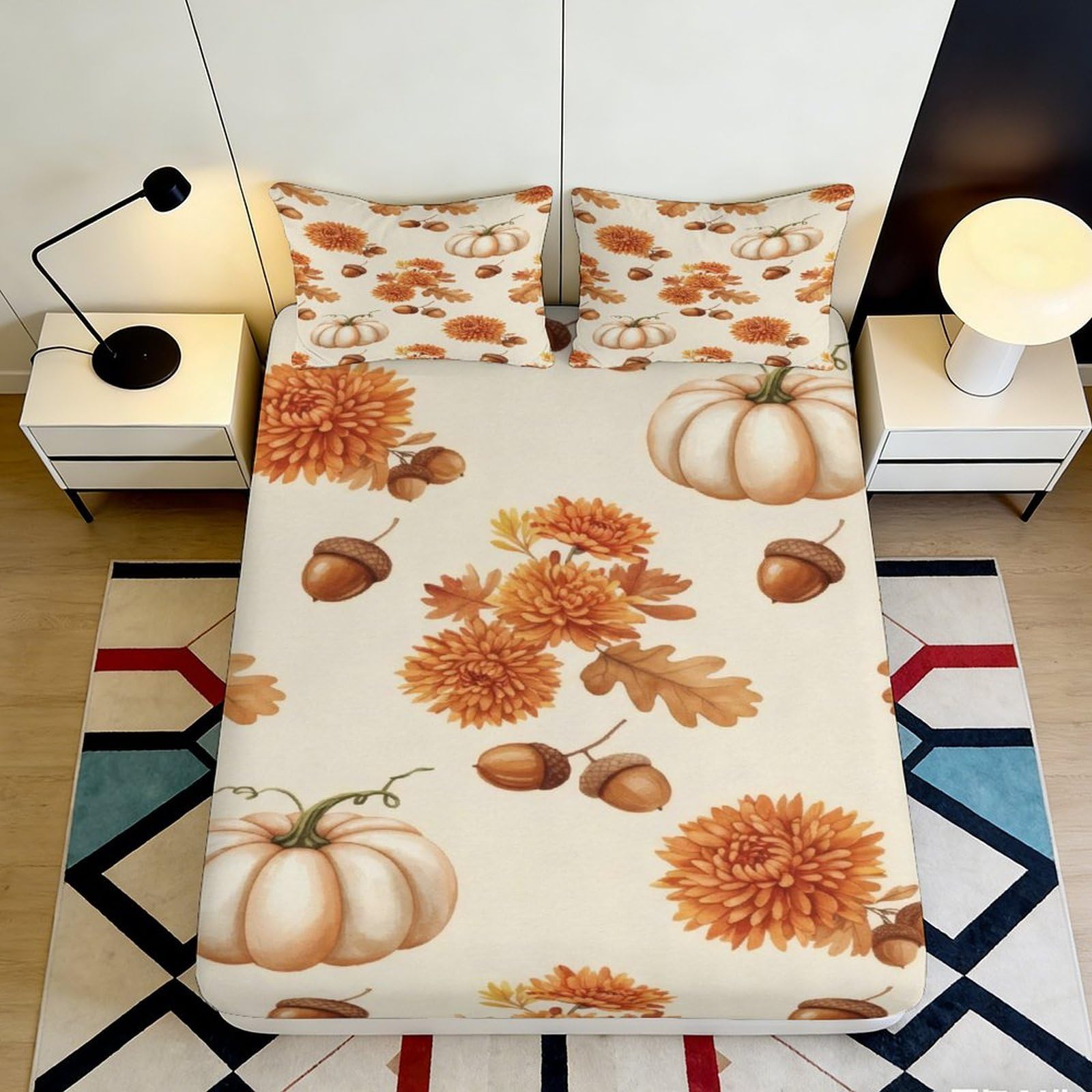 Pnayamiorkfel Style-3 3D Printed Pumpkin Floral Fitted Sheet Microfiber Soft Autumn Acorn Mattress Cover For Bedroom Guest Room Decor 90X200x25cm