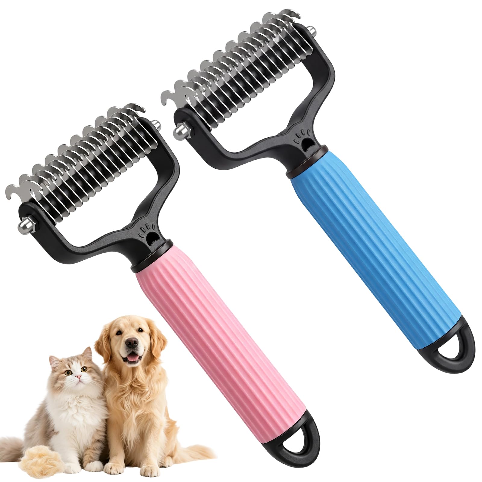 Photo 1 of 2 PcsPet Grooming Brush, Dematting Comb for Dogs and Cats, Double Sided Undercoat Rake – Undercoat Rake Pet Brush for Long Hair (Blue+Pink)
