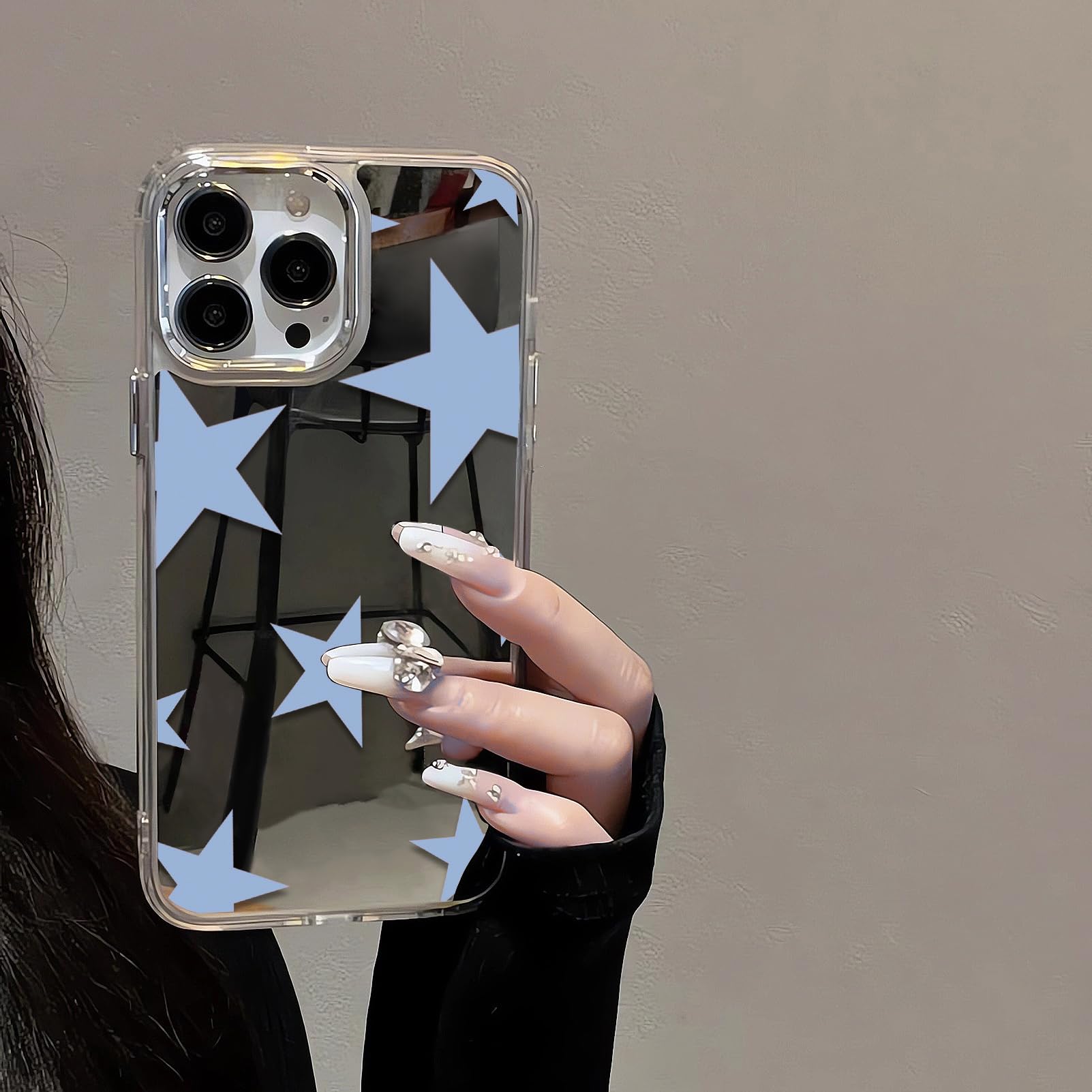 xoniery Compatible with iPhone 15 Pro Max Cute Glossy Mirror Case,Blue Cool Stars,Senior Shockproof Protection and Silver Lens Frame for Women Girls