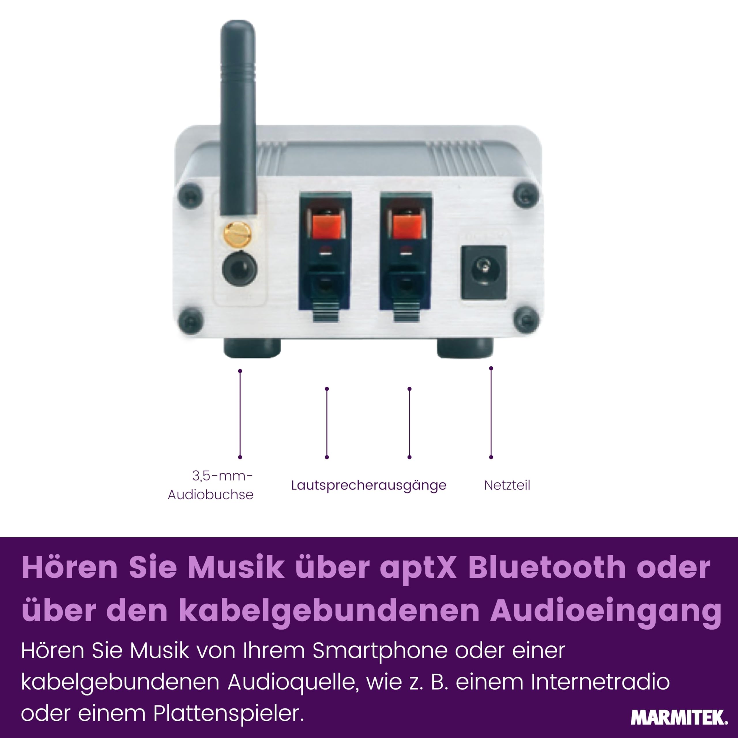 Marmitek BoomBoom 460 - Bluetooth Empfänger mit digitalem Verstärker - Bluetooth Audio Receiver aptX und AUX Eingang - für passive Lautsprecher - Stereo Mini Verstärker | Bluetooth Audio Receiver mit aptX und AUX Eingang für passive Lautsprecher, Stereo M
