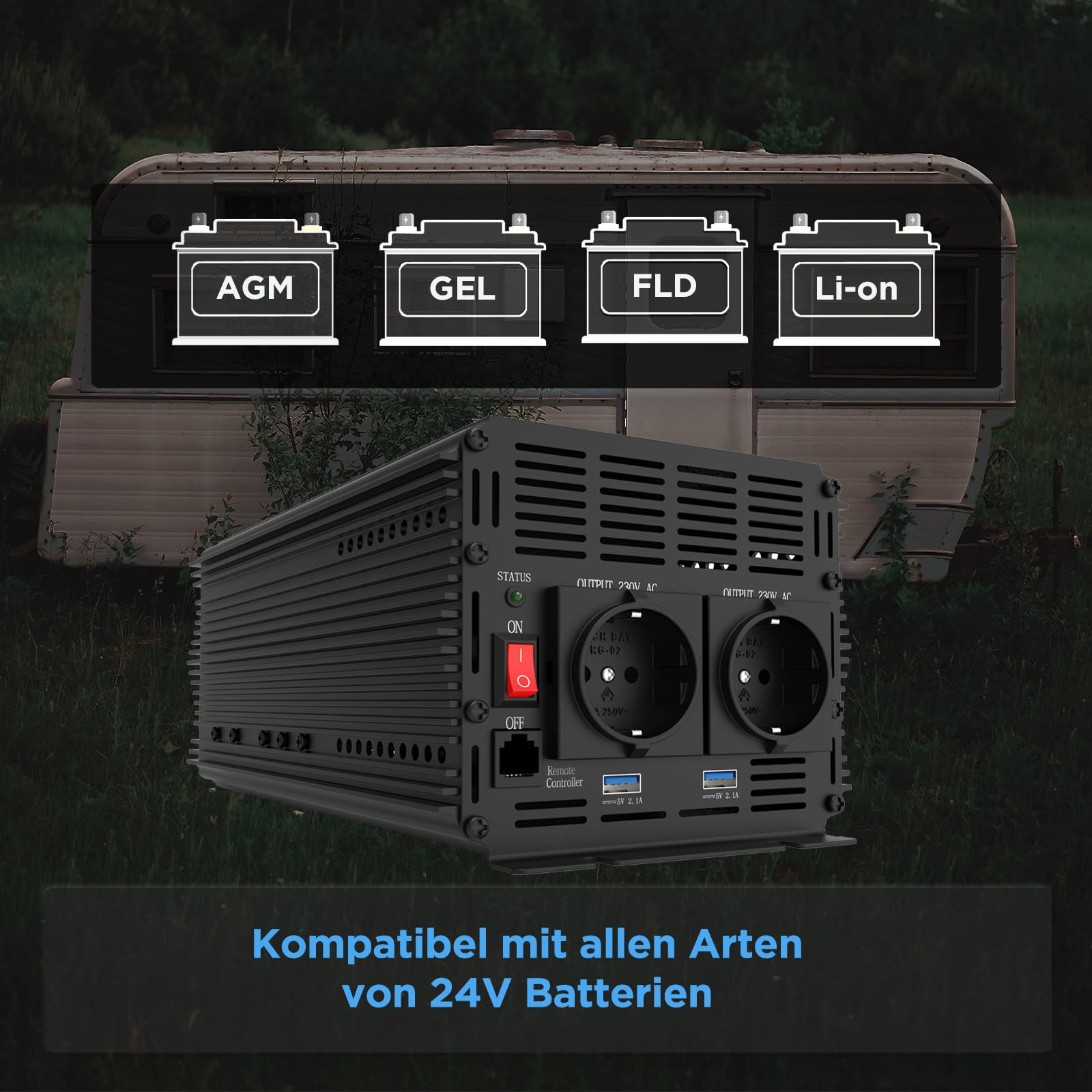 EDECOA Wechselrichter 2000w 24v 230v Spannungswandler mit Neuer Fernbedienung 2X USB und Bildschirm für Sonnenkollektor KFZ Wohnmobi (2000w)