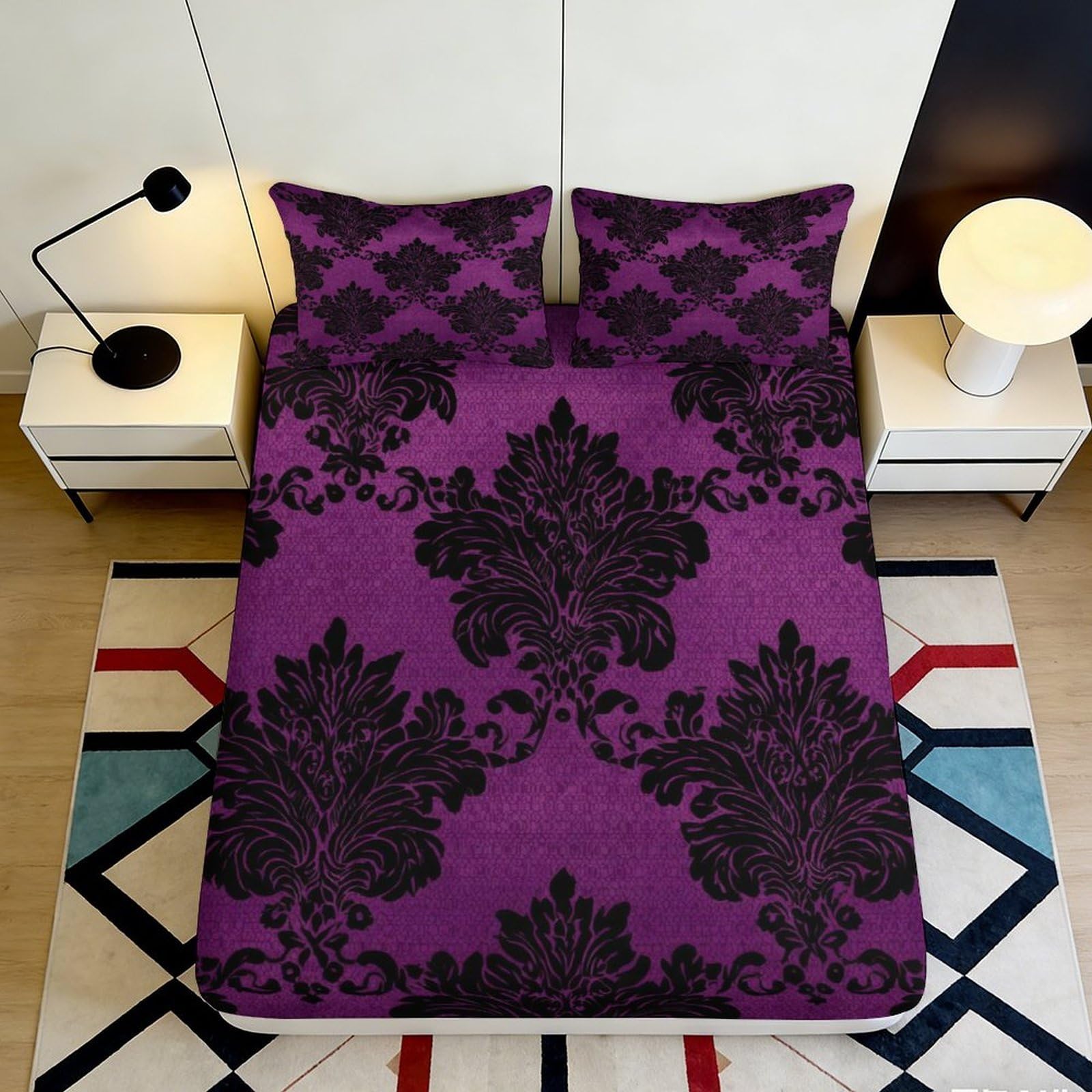 Pnayamiorkfel Style-3 3D Printed Purple Baroque Fitted Sheet Microfiber Soft Decorative Black Damask Bed Sheet For Bedroom Guest Room 90X200x25cm