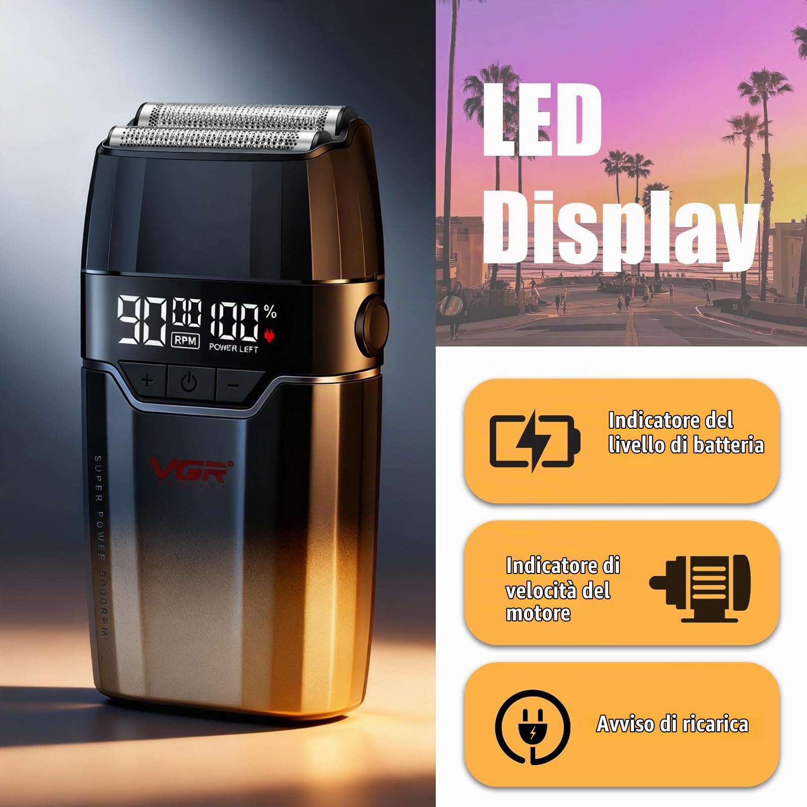 VGR 308 Rasoio Elettrico Barba Professionale Senza Fili, Foil Shaver con Lama a Doppio Strato in Titanio Floating E Motore da 9000RPM, Rasoio Barba Elettrico con Display LED, Ricarica USB, Oro