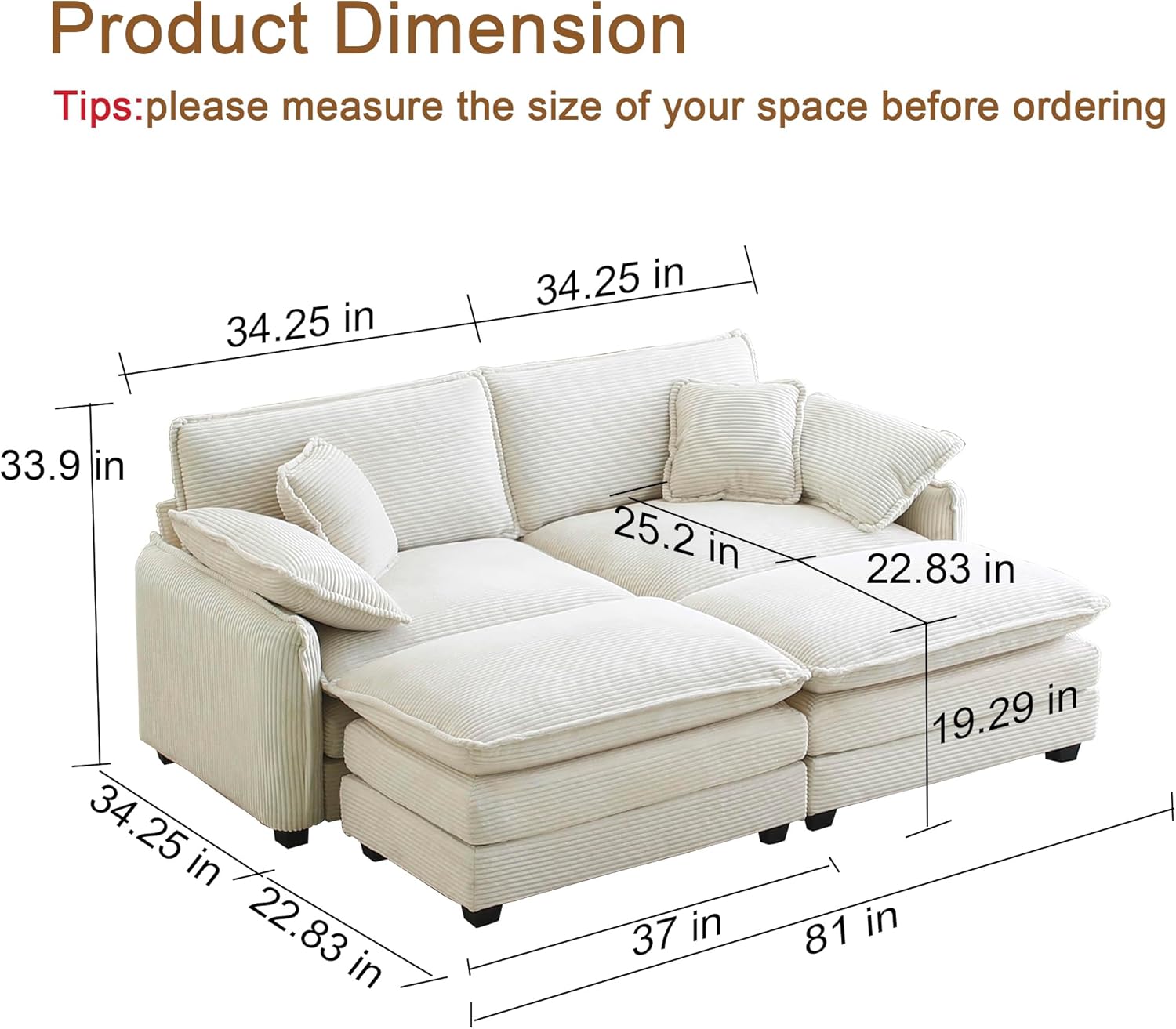 81" Modular Sectional Sofa with 2 Ottoman,Cloud Couch Sectional 2 Seats Sofa,Small Sectionals Couch for Living Room(Beige,Loveseat with 2 Ottomans)