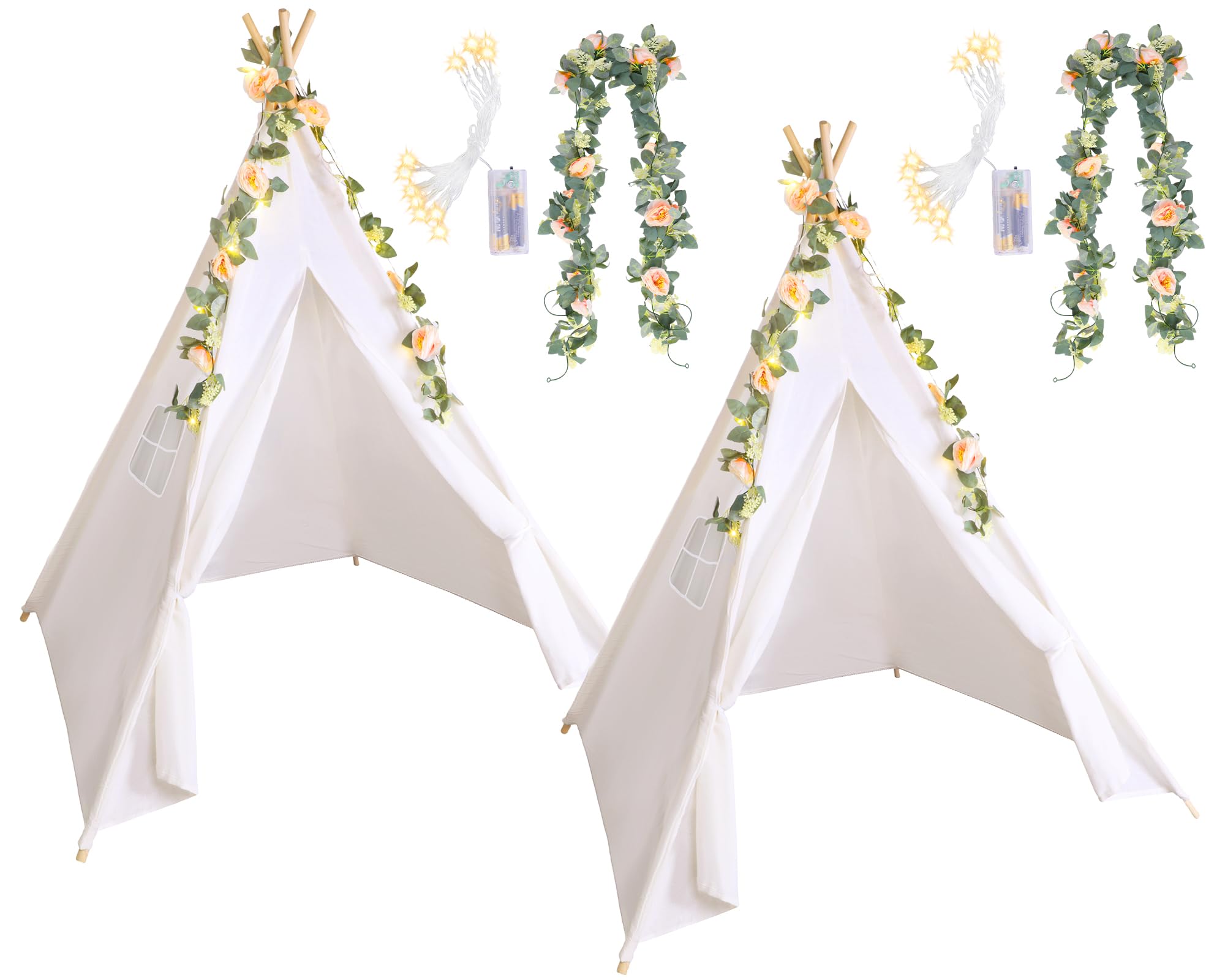Kigley 2 Set Teepee Tent Indoor White Cotton Linen Teepee Play Tent with 6.6 ft Pink Fake Rose Vine Artificial Garland 10 ft Battery Operated String