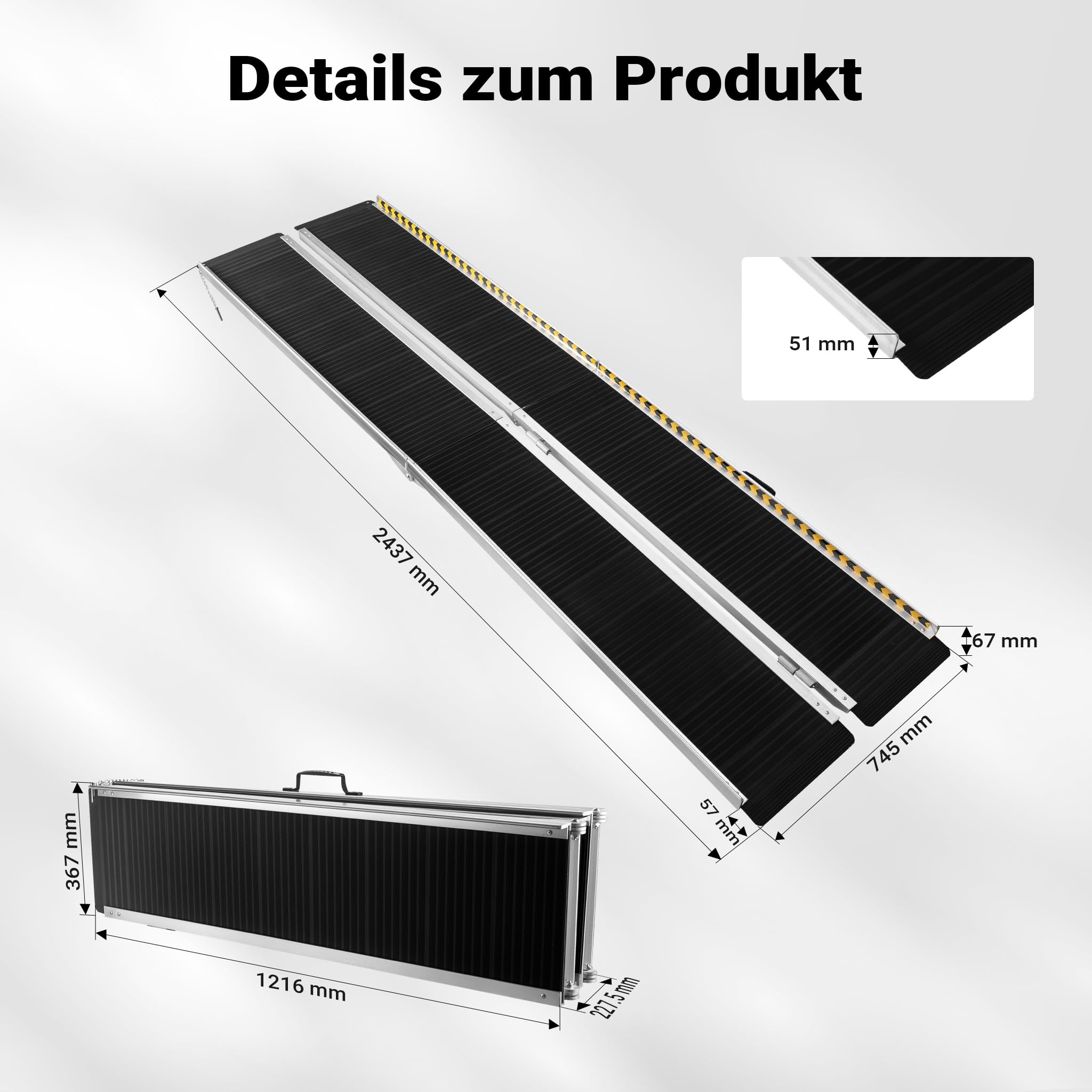 Wiltec Rollstuhlrampe doppelt faltbar 244cm 270kg, Mobile Auffahrschiene mit Rutschfester Oberfläche als Rollirampe, Aluminium Kofferrampe