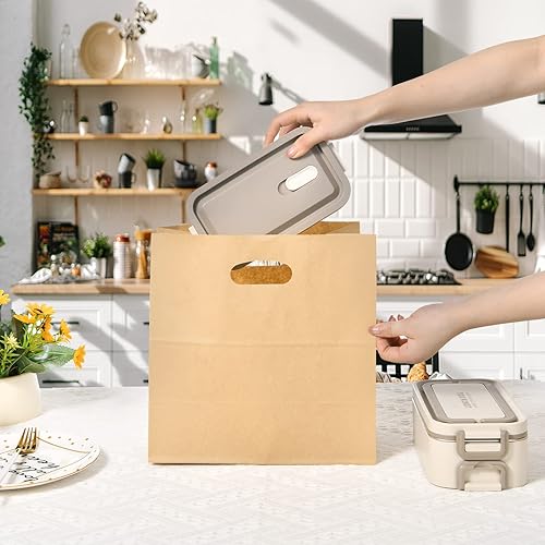 Miniatura 5 de COGLARING 50 bolsas de regalo de 11 x 6 x 11 pulgadas, bolsa de papel Kraft, mango plano para comida al por menor de compras para llevar