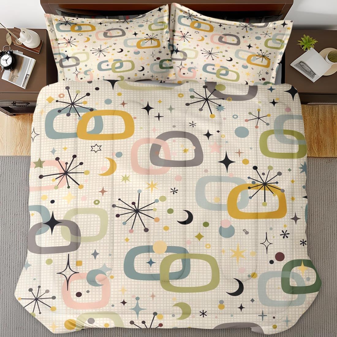 Retro Mid Century King Comforter Set, Atomic Starburst Modern Bedding Set 3 Piece, All Season Soft Children Adults Bedroom Bed Decoration Comforter and 2 Pillow Shams