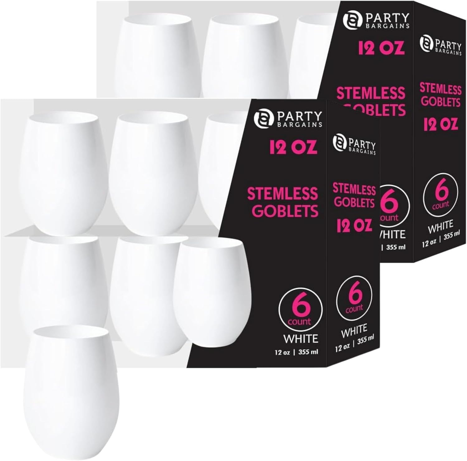 PARTY BARGAINS Stemless Plastic Wine Glasses 12 oz, White, 12 Pack – Heavy-Duty Shatterproof Goblet Cups for Weddings, Baby Showers, Parties, Barware & Events