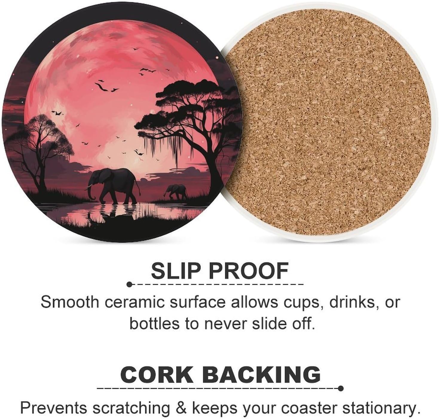 Pink Moon Elephant Coaster with Cork Base Drink Coasters for Coffee Table Decor Modern Cup Coasters with Non-Slip & Heat-Resistant Cute Ceramic Table Coaster for Home Dining