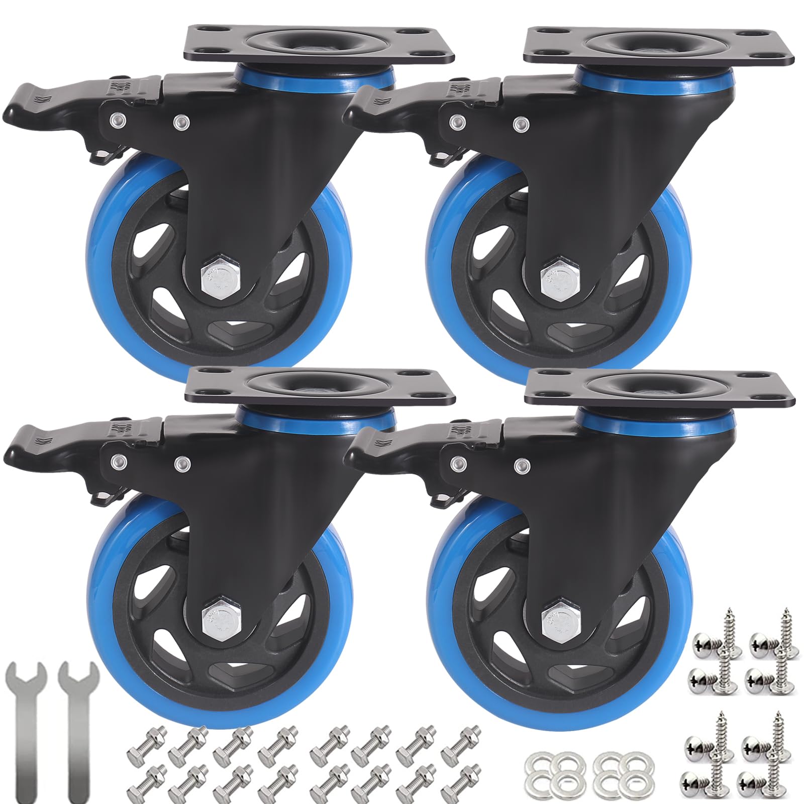 100MM Mobili Ruote per carichi Pesanti Ruote per carrelli con Freni, Bino Cuscinetto PU Ruote per Carrello Gomma Ruote girevoli, 4 Industriale Ruote con Piastra capacità 600KG