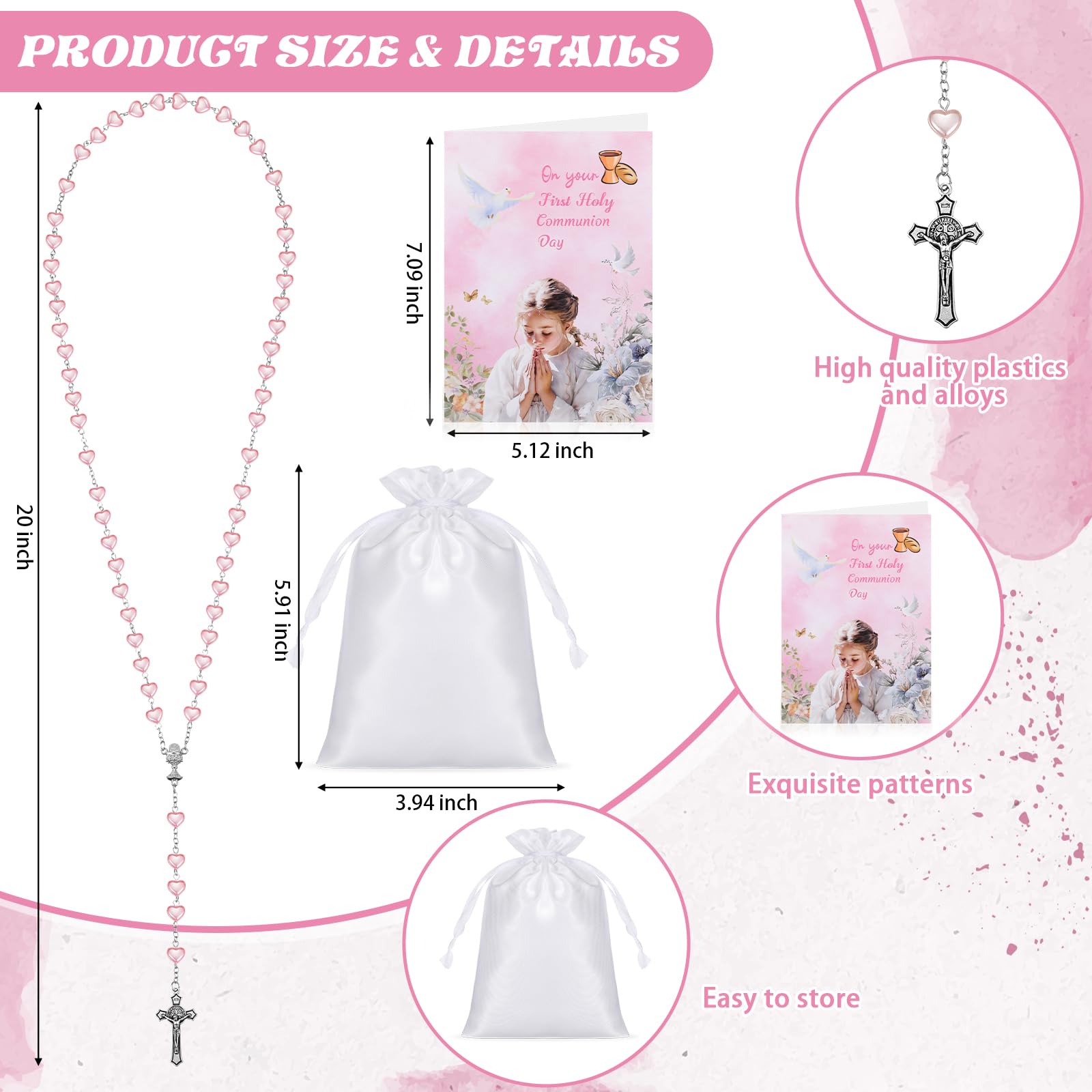 Sinmoe Set de 3 Rosario Corazón Primera Comunión con Tarjetas y Bolsa Cordón Collar Rosario Metálico Cruz Perlas Católicas para Niñas Niños Regalo Bautizo Rosa