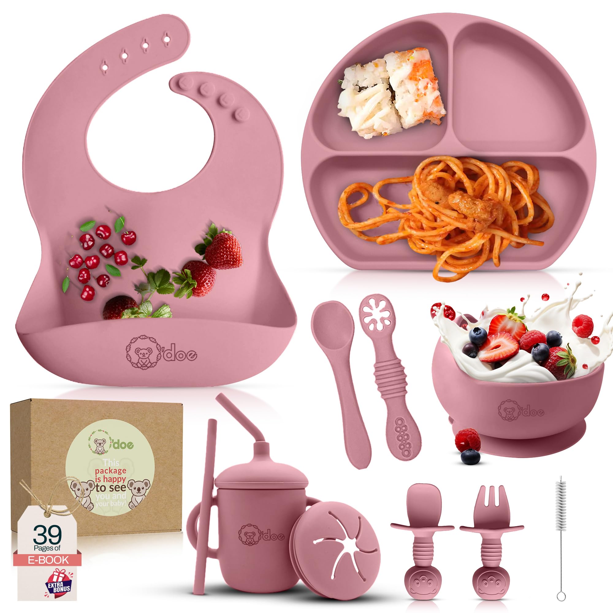 O'doe 11 piezas de suministros de alimentación de destete LED para bebés para niños pequeños, juego de alimentación para bebés | Juego de utensilios de silicona con succión para bebés con cucharas