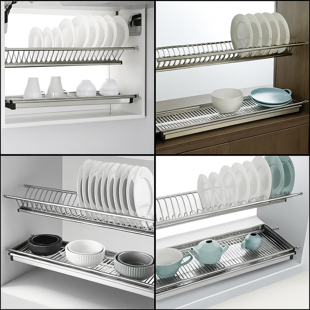 Scolapiatti da Incasso in Acciaio INOX | Kit Completo per Mobile Pensile Diverse Misure | Con Molle Regolabili, Griglia Bicchieri e Raccogli Gocce | Alta Qualità e Resistenza (Per Pensile 80 cm)