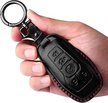 Tukellen Ford Leather Key Fob Cover with Keychain - Compatible with Fusion, Mustang, F-150, Explorer - Black