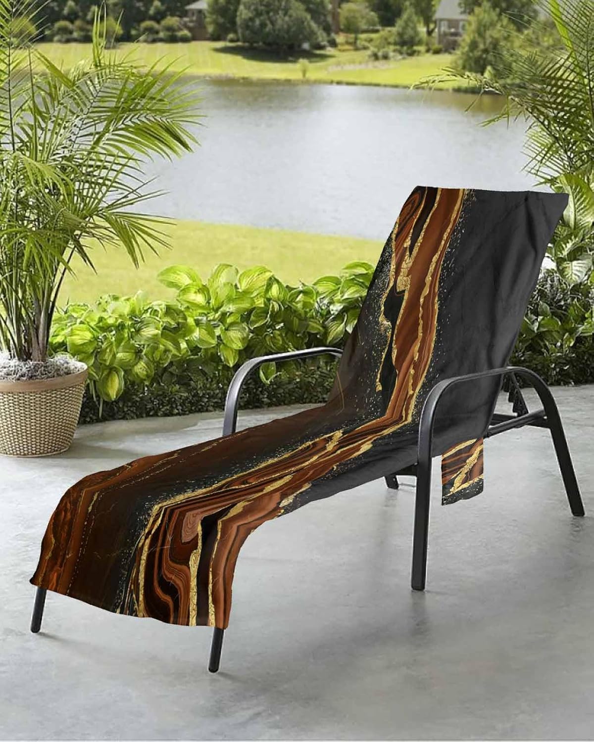 Marble Brown Beach Pool Patio Lounge Chaise Chair Cover Towel With Pockets,Absorbent & Quick Dry Microfiber Towel Cover Bag Summer Sunbathing Accessories Gradient Abstract Modern Minimalist Black Gold