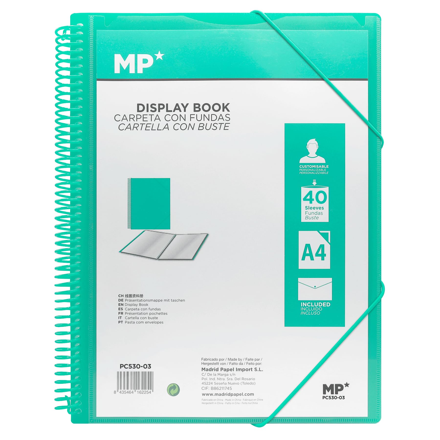 MP, 40- Pocket Folder, Spiral Binder, Sealing Rubbers, Clear Pockets, Display Folder, Includes One Envelope Binder with Button, Academic, Office, Turquoise Binder.
