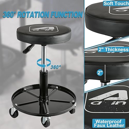 Miniatura 6 de Aain LT2A Asiento de rodillo mecánico resistente ajustable Asiento rodante ajustable con ruedas y bandeja de herramientas Negro