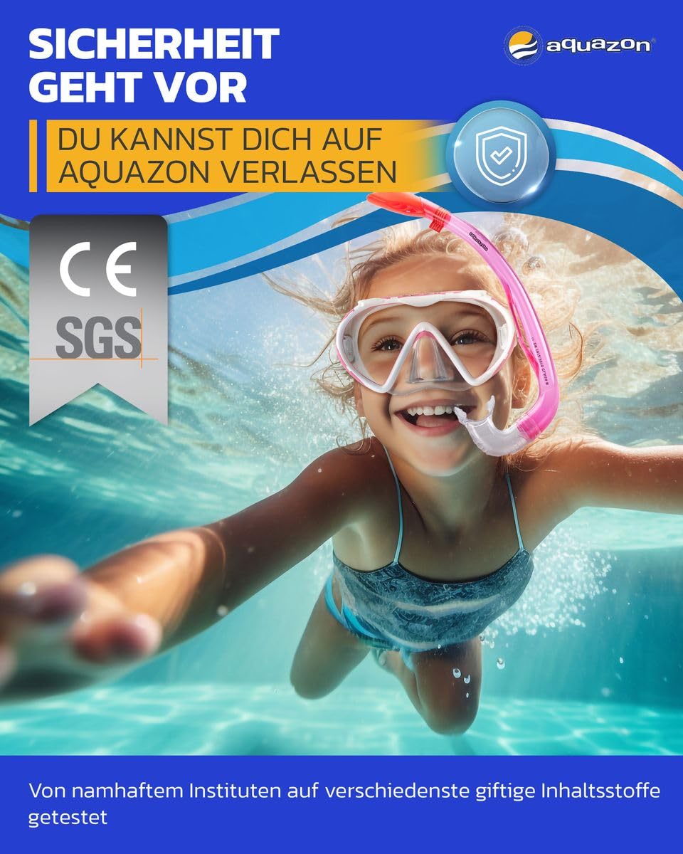 AQUAZON KORFU Wysokiej jakości zestaw do snorkelingu, zestaw do nurkowania, zestaw do pływania, gogle do snorkelingu ze szkłem hartowanym, fajka z półsuchym topem dla dzieci, młodzieży od 7-12 lat.