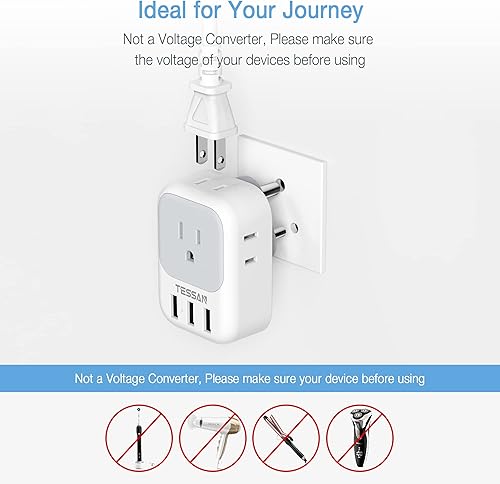 Miniatura 5 de TESSAN Adaptador de enchufe de EE. UU. a India, adaptador de corriente 7 en 1 con 4 salidas de CA, 3 puertos de carga USB, adaptador de viaje para