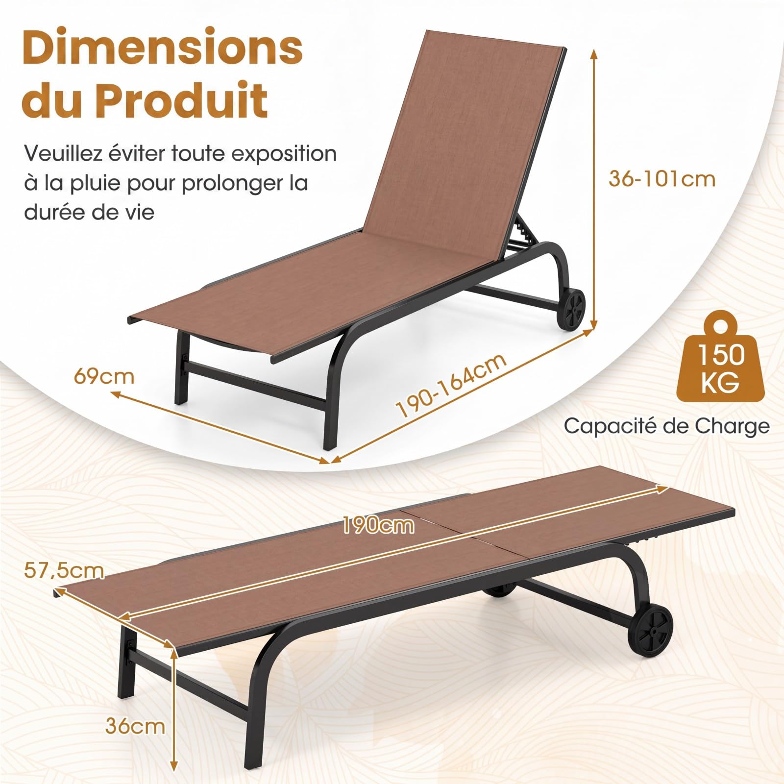 COSTWAY Bain de Soleil à roulettes Inclinable, Dossier à 6 Positions,Marron