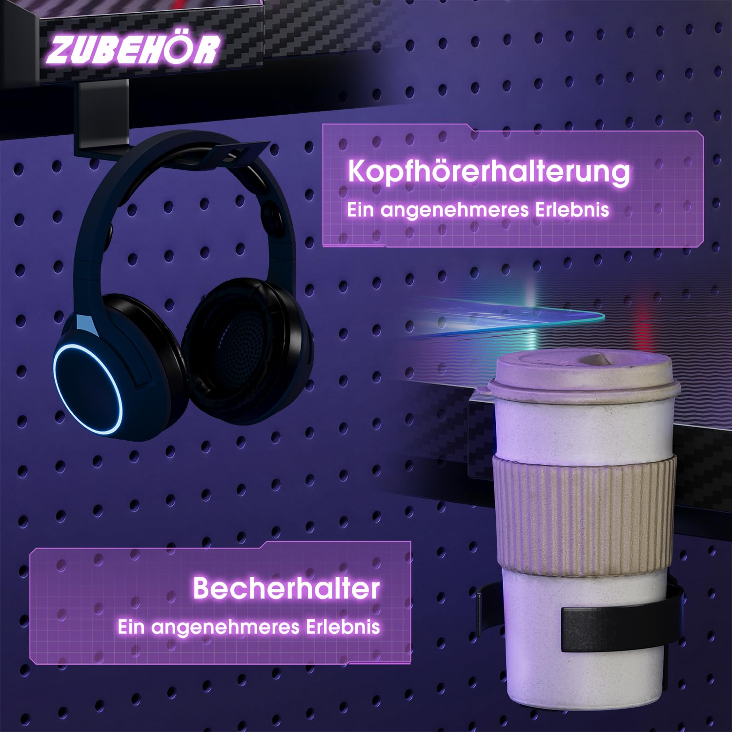 Devoko 120 x 60 cm Gaming Tisch, Gaming Schreibtisch mit LED, Kohlefaser-Oberfläche, Ergonomic Gamer Tisch with Drink Holder, Headphone Hook, Stabiler Computertisch