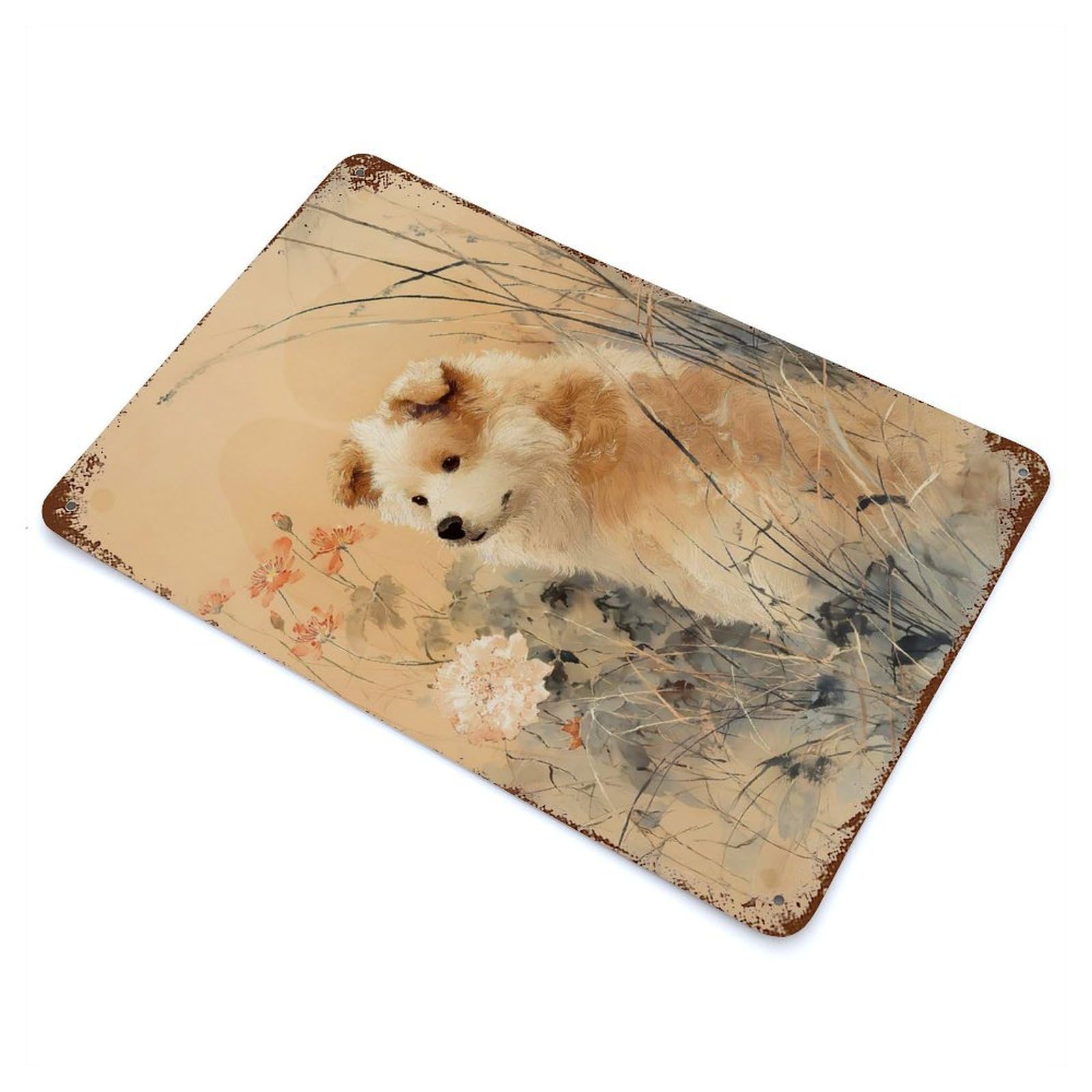 Painting of A Dog in A Meadow Rust Effect Tin Sign 11.8"x7.9", Novelty Wall Decor for Garage, Pub Or Kitchen