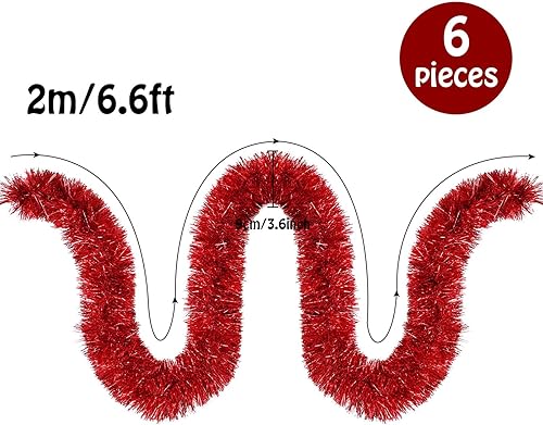 Miniatura 4 de Guirnaldas de oropel de Navidad de 39.6 pies, coloridas y brillantes, adornos clásicos de oropel metálico para fiesta del árbol de Navidad (rojo)