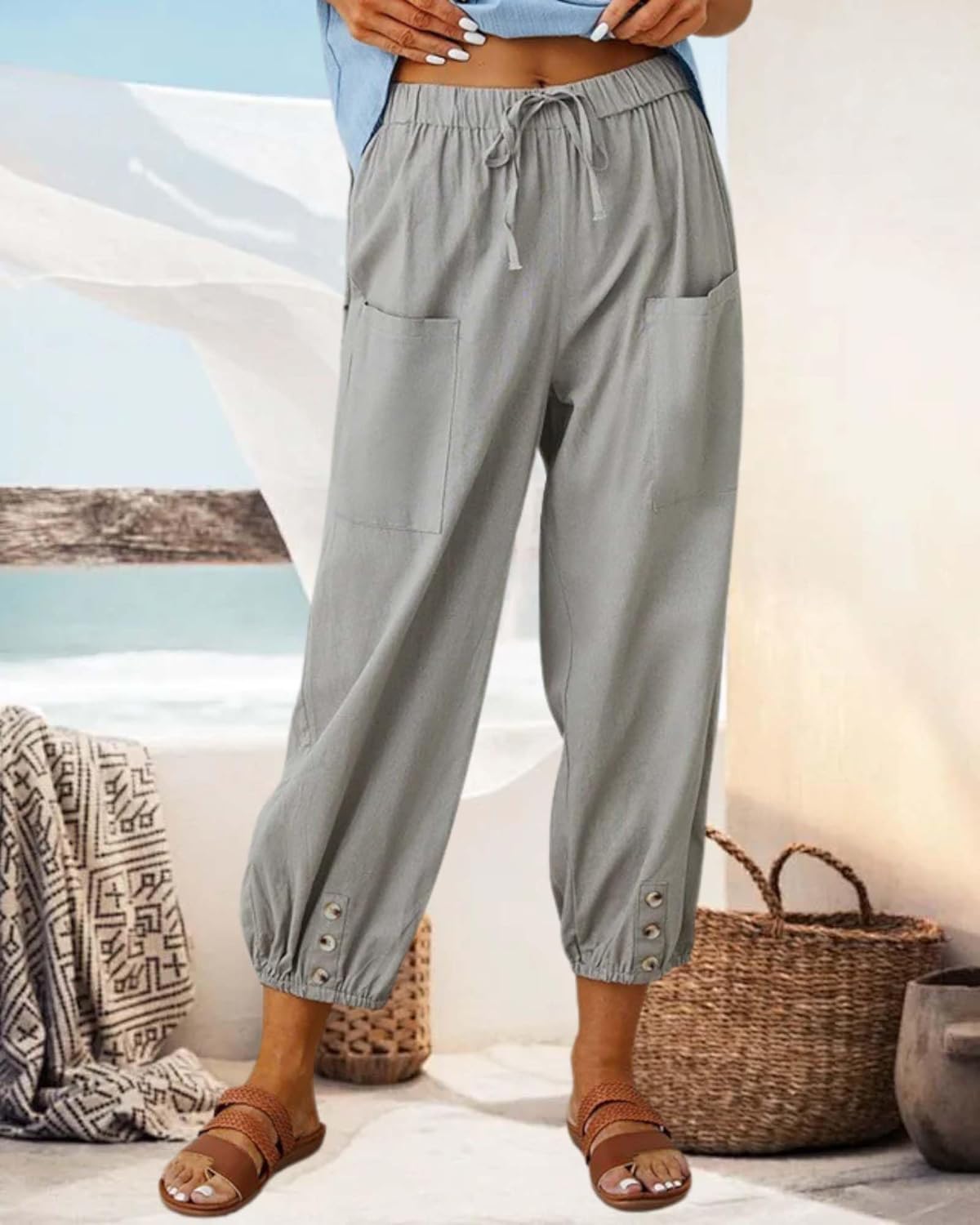 Cotton Linen Capri Pants for Women Summer Casual Plus Size High Waist Elastic Drawstring Button Trouser with Pockets - Image 4