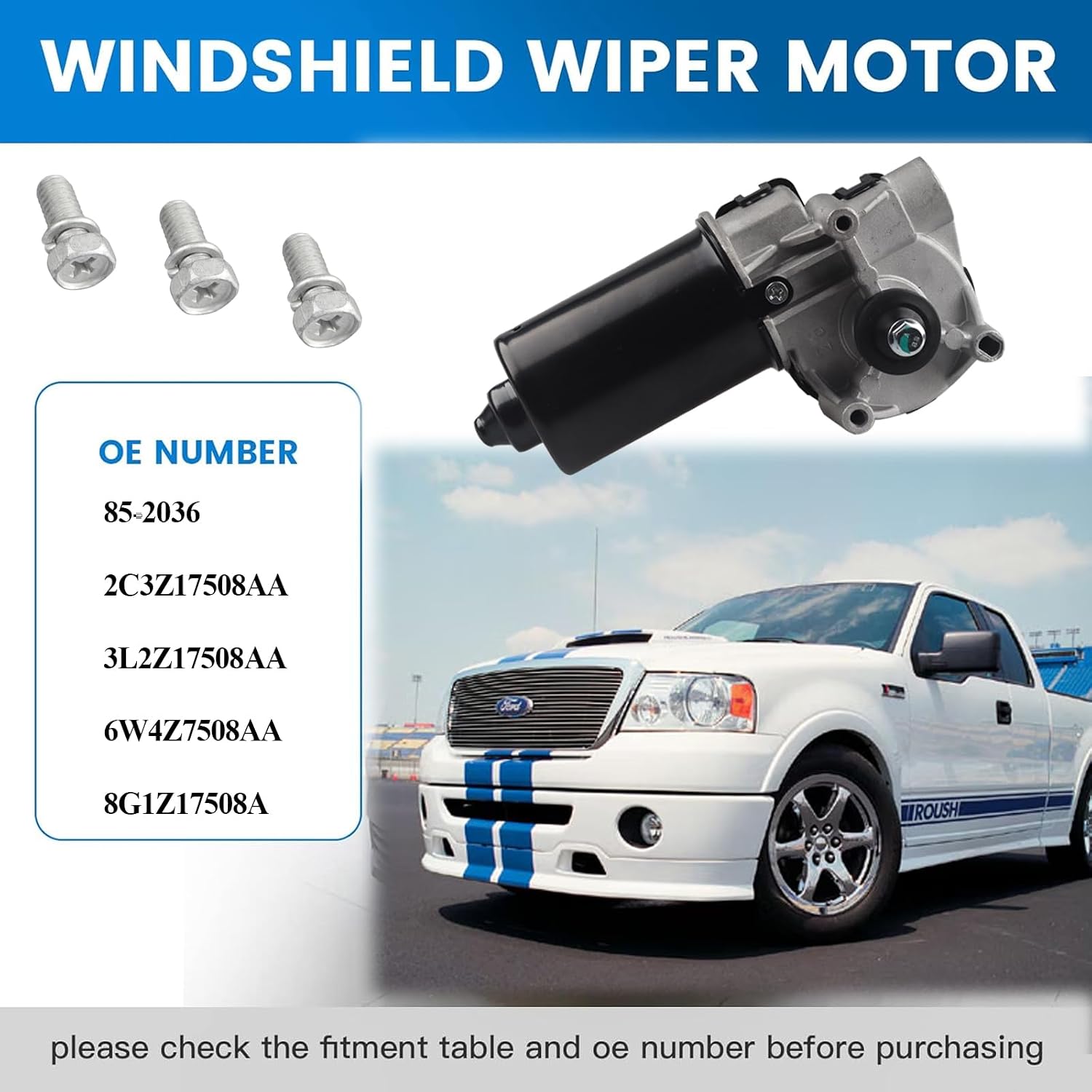 Front Windshield Wiper Motor Compatible with 2004-2007 Ford F150, 2005-07 Mustang, 2002-06 Expedition Explorer, 03-07 Lincoln Navigator Town Car Replace 2L1Z17508-AB 85-2036