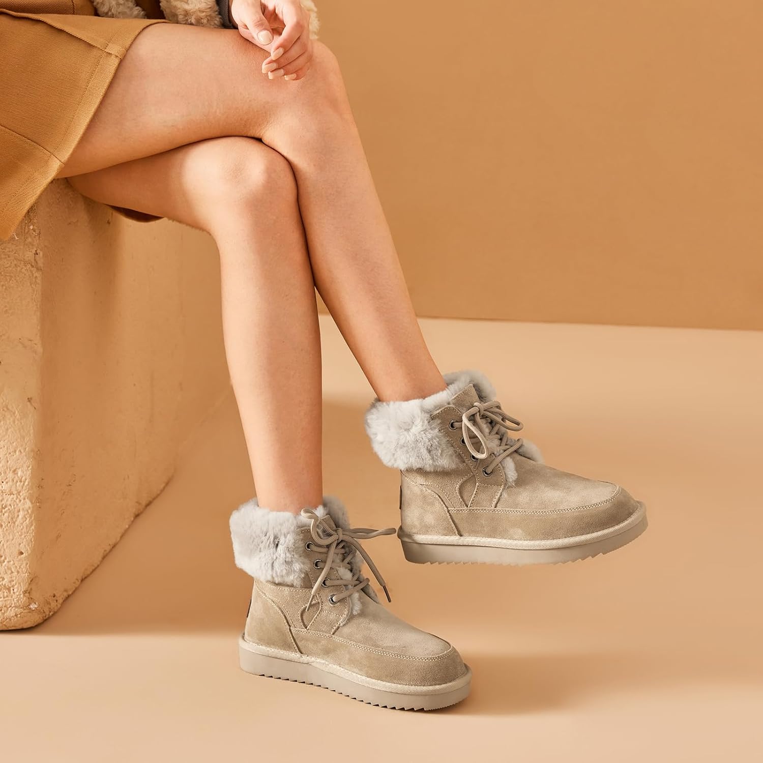 BEAU TODAY Womens Winter Snow Boots, Fur Lined Ankle Booties for Women, Chunky Platform Lace-up Boots Shoes Suede Leather Non-slip Warm Winter Shoes Beige US 10 - Image 2