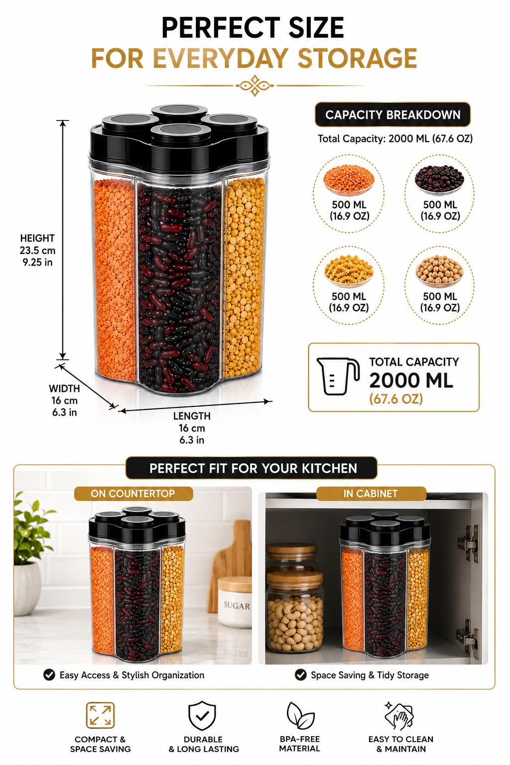 TAZLYN Contenedores 4 en 1 para almacenamiento, caja de almacenamiento de cocina para contenedores de cocina, cajas de cocina para almacenamiento en tarros de cocina y contenedores caja para