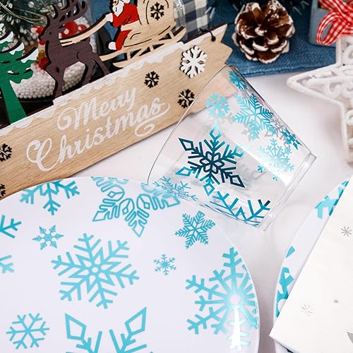 Miniatura 7 de WDF Juego de 175 platos y servilletas de Navidad desechables para 25 invitados, platos blancos y azules con cubiertos, vasos de copo de nieve