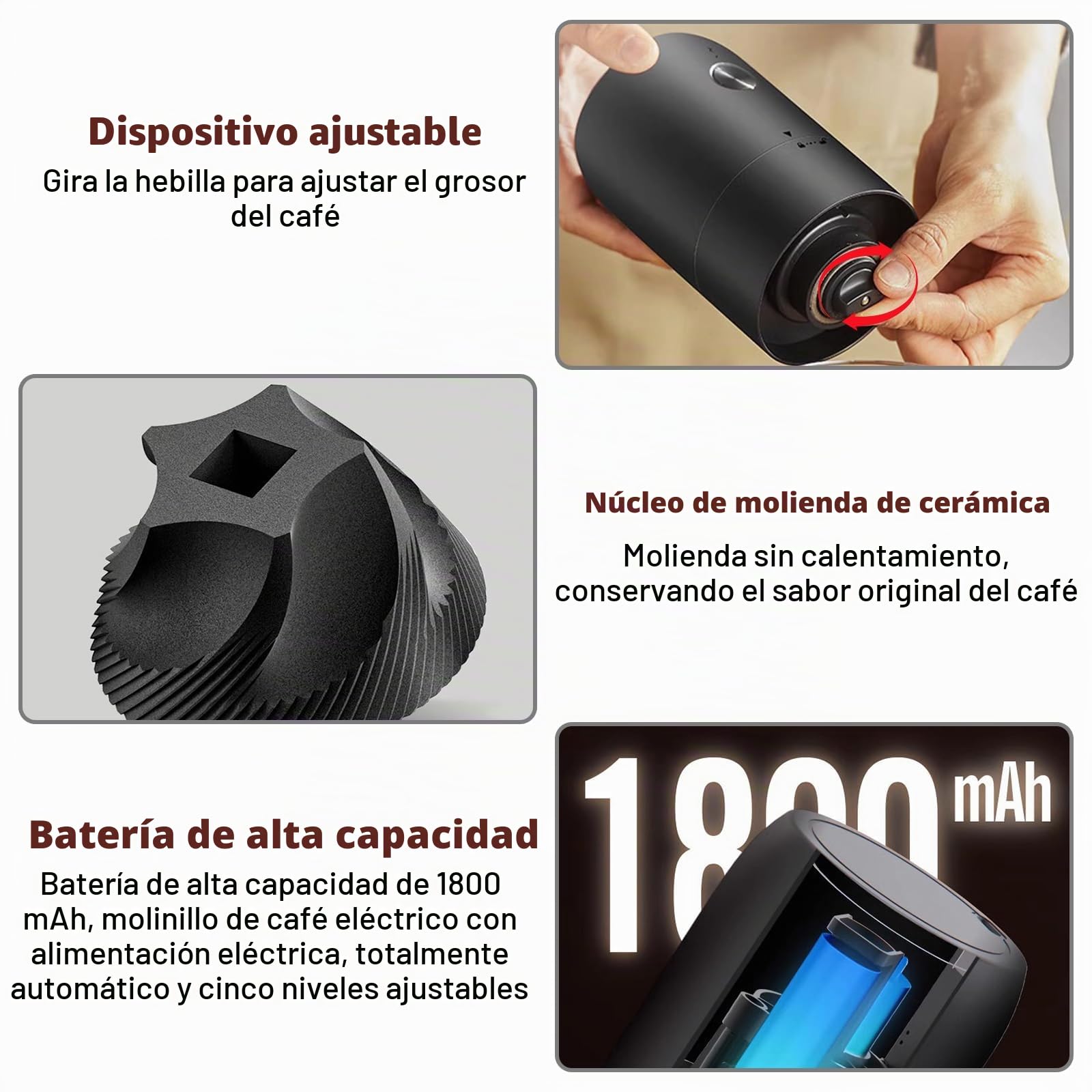 Molinillo de café eléctrico, portátil, con núcleo de cerámica, molinillo de granos de café, con grado de molienda ajustable para expreso, filtro de mano, prensa francesa
