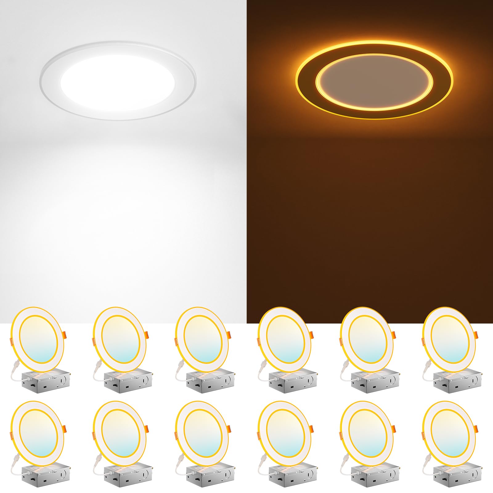 Photo 1 of Amico 12 Pack 6 Inch 5CCT LED Recessed Ceiling Light with Double Ring Night Light, 2700-5000K Selectable Ultra-Thin Recessed Lighting, 12W=110W, 1100LM, Dimmable Canless Wafer Downlight, ETL, FCC