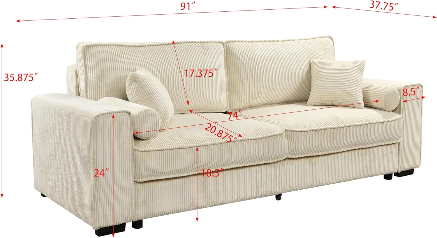 91" Corduroy Queen Size Sleeper Sofa with Pull Out Bed - Modern Convertible Loveseat Sleeper Couch with Storage and Armrest Pillows for Living Room, Apartment (Beige)