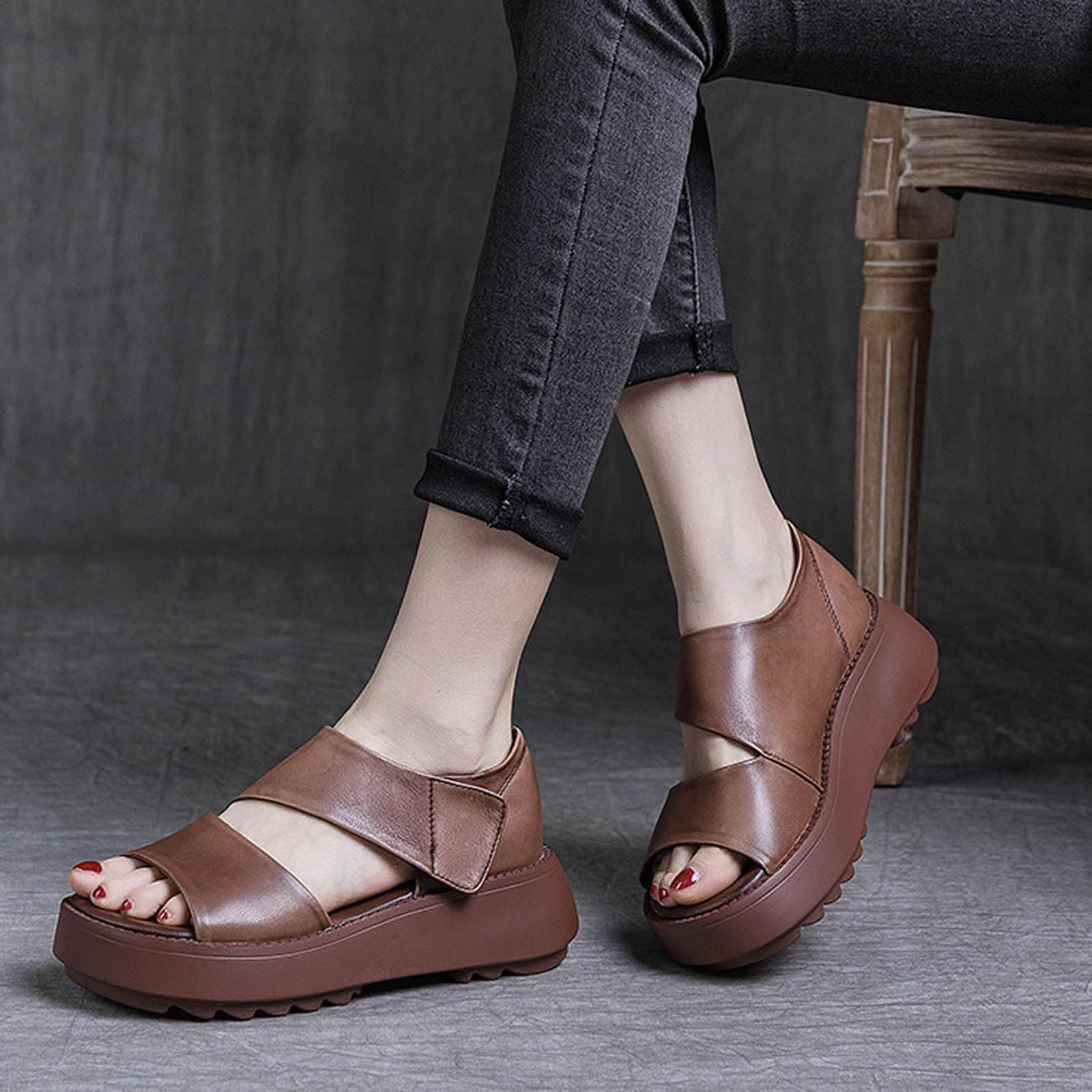 Générique Damskie sandały damskie buty z grubą podeszwą, odkryte palce, rybie usta, codzienne szelki w stylu retro, sandały do noszenia na co dzień, boho, perłowa skóra