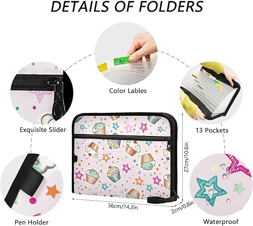 Miniatura 3 de Cartoon Kawaii Desserts Cupcakes Stars Pink File Folder Organizer 13 Pockets A4 Letter Size Hanging File Folder with Zipper Closure Office Supplies