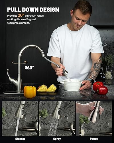 Vista 26 de APPASO Grifo de cocina con níquel cepillado extraíble, un solo mango de arco alto cuello de cisne moderno grifo de fregadero de cocina con placa