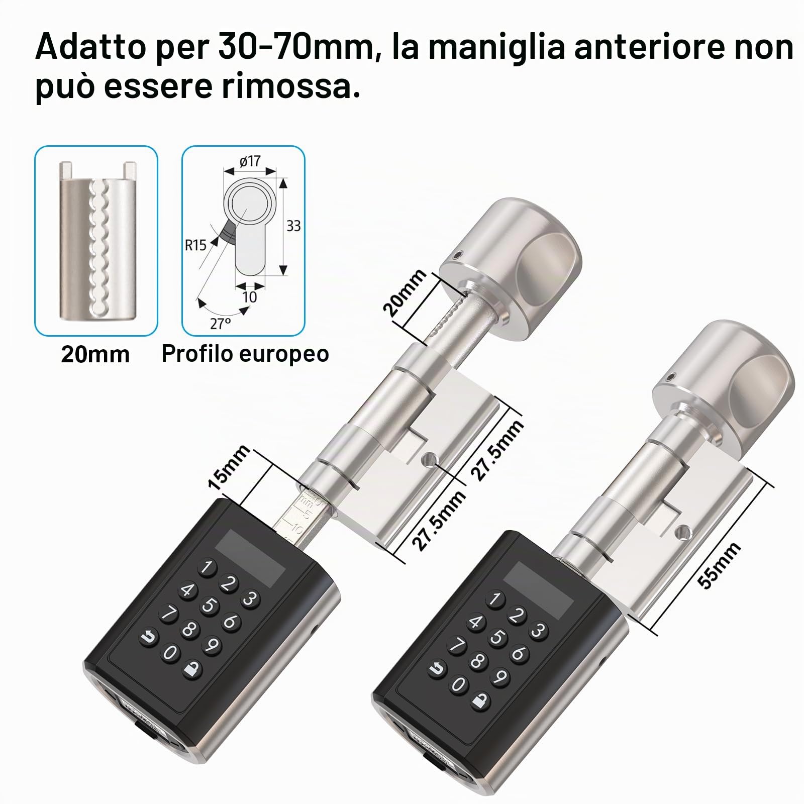 WELOCK Serratura Smart PCB51 con Password,Carte RFID e Bluetooth APP | Serratura Elettronica WiFi(necessità welock wifibox),serratura porta blindata IP65,Cilindro 30x30 per porte 30-70mm,SmartLock