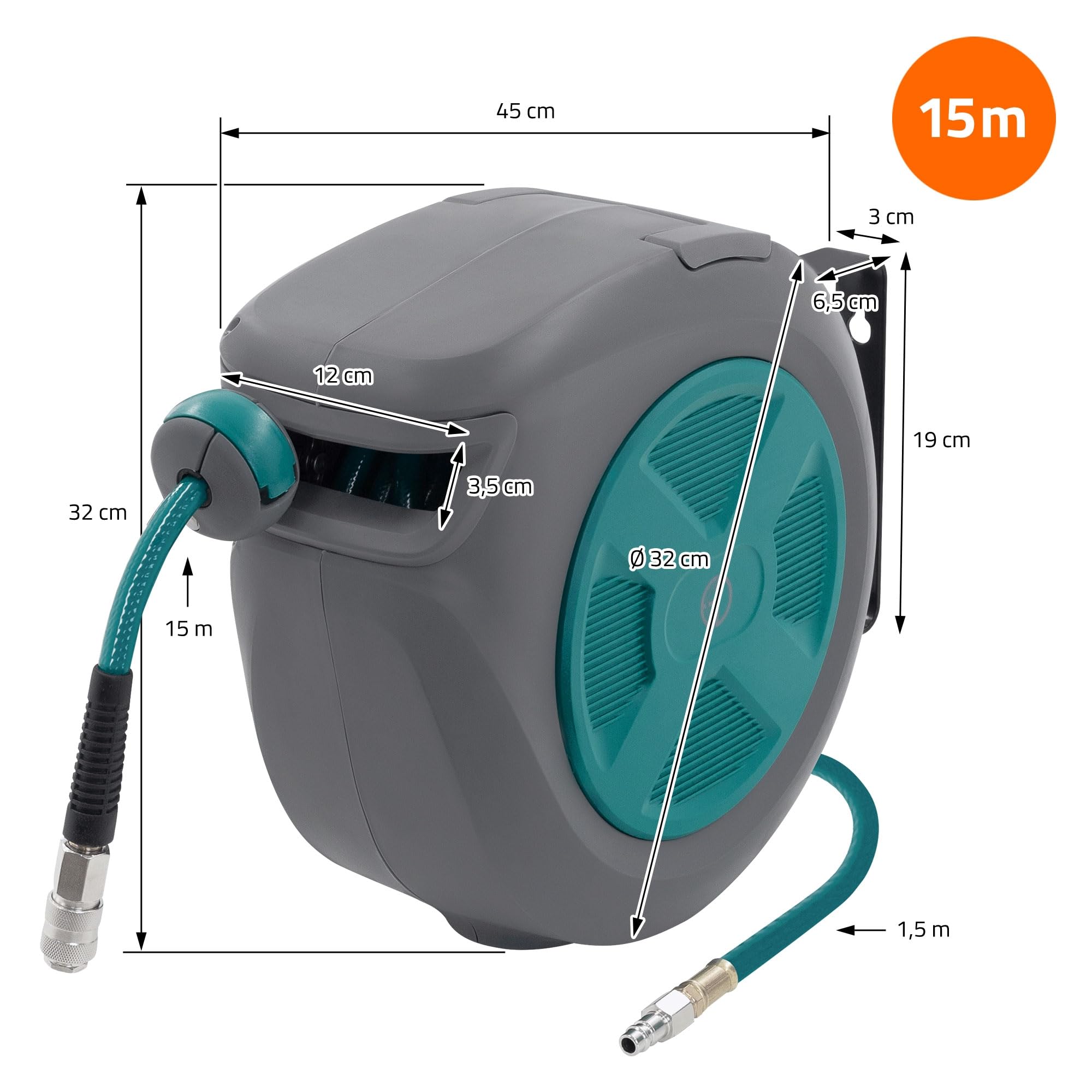 ECD Germany Carrete de Manguera de Aire Comprimido 15m + 1,5m Enrollador de Recogida Automática Conexión de 1/4" máx. 15 bar, Giratorio 180°, Ø12mm Portamangueras de Jardín con Kit de Montaje en Pared
