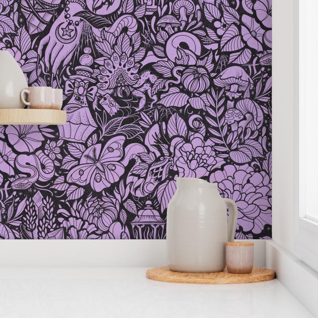 Spoonflower Peel & Stick Wallpaper Swatch - Witch Life Purple Halloween Moth Spooky Snake Custom Removable Wallpaper