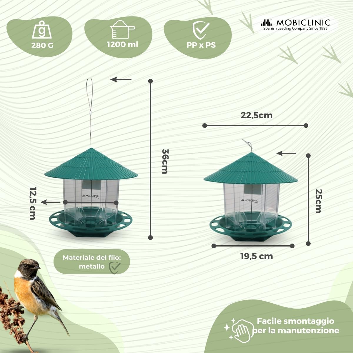 Mobiclinic Mangiatoia per Uccellini da Esterno 1,2L Balcone Giardino Decorativa