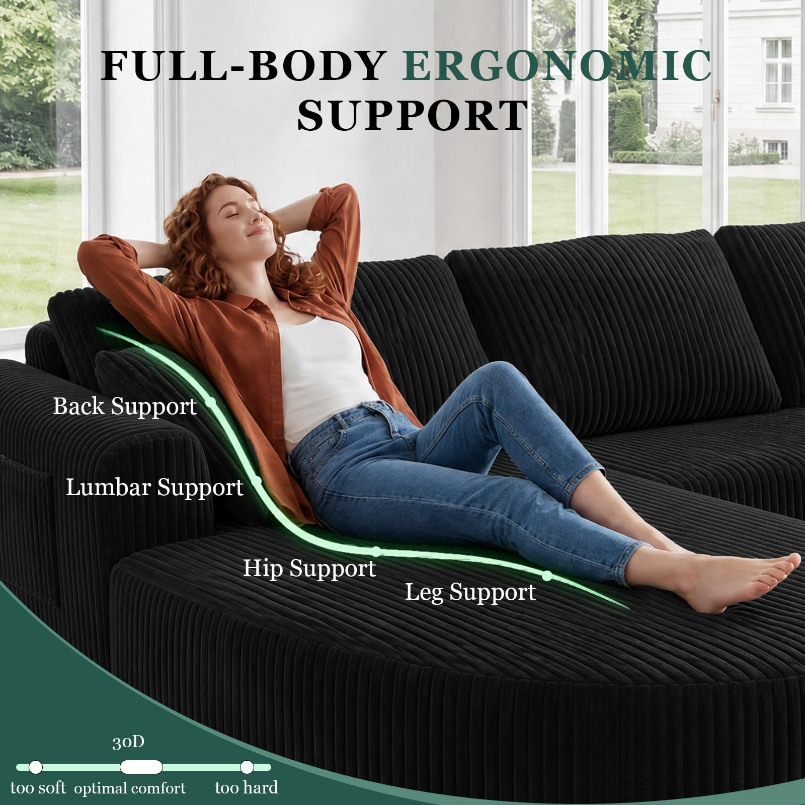 COMHOMA Sofá esquinero con función de dormir, 243 cm, sofá modular sin boneless con chaise longue, sofá cama seccional con cojines y bolsillos laterales, sofá para salón, sin montaje, color negro