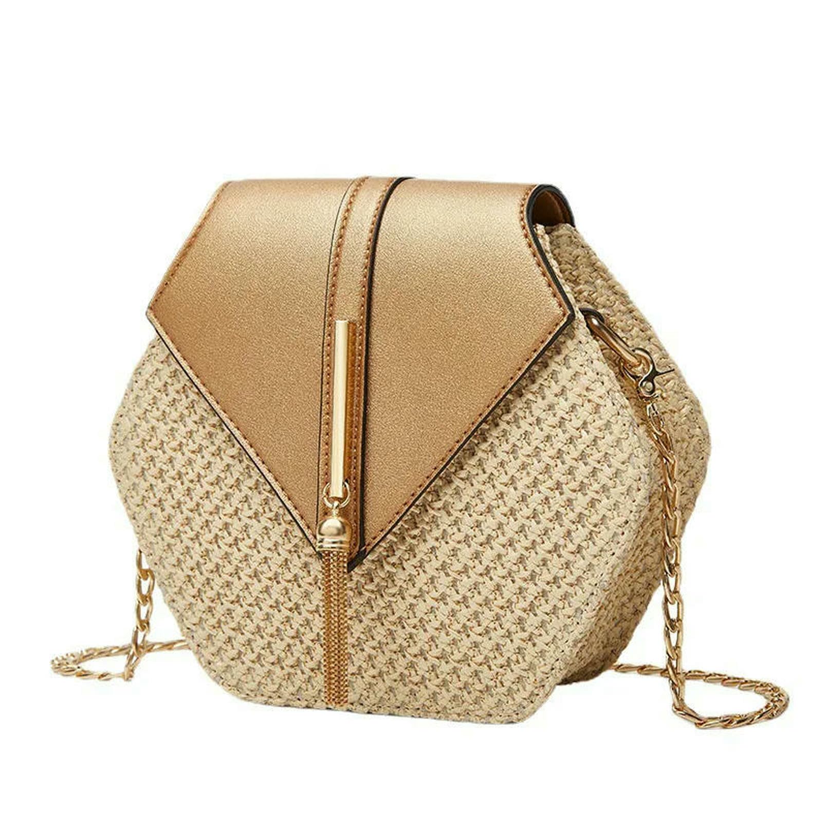 Damska torebka ze słomy w kształcie sześciokątnym, torebka ze słomy, na lato, rattanowa, ręcznie tkana, A, 20x6x19cm