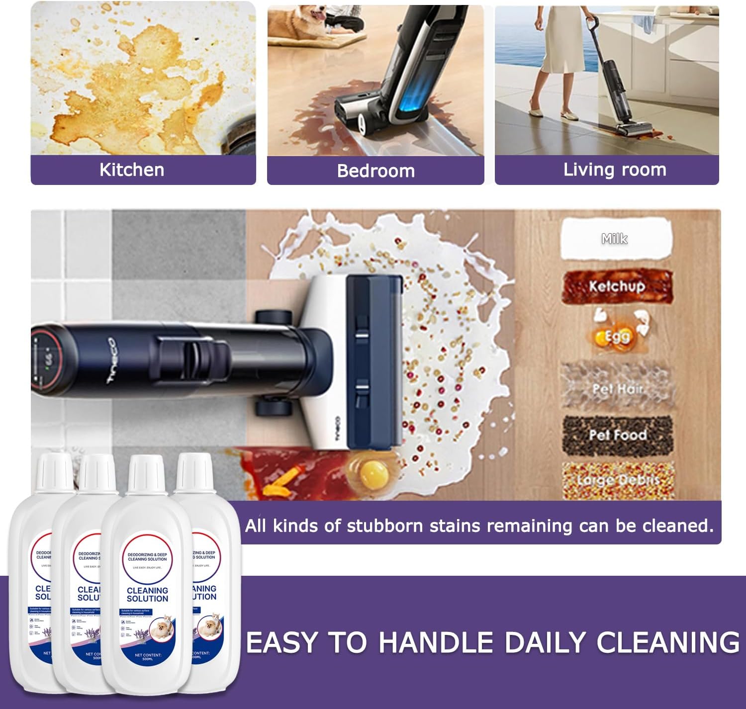 Floor Cleaner Lavender Scent Compatible with Tineco Cleaning Solution Refill, Deep Cleans Residue & Streak Free, Wet Dry Vacuum Mop Cleaners Solution for all Tineco FLOOR ONE & iFloor Series (4PCS)