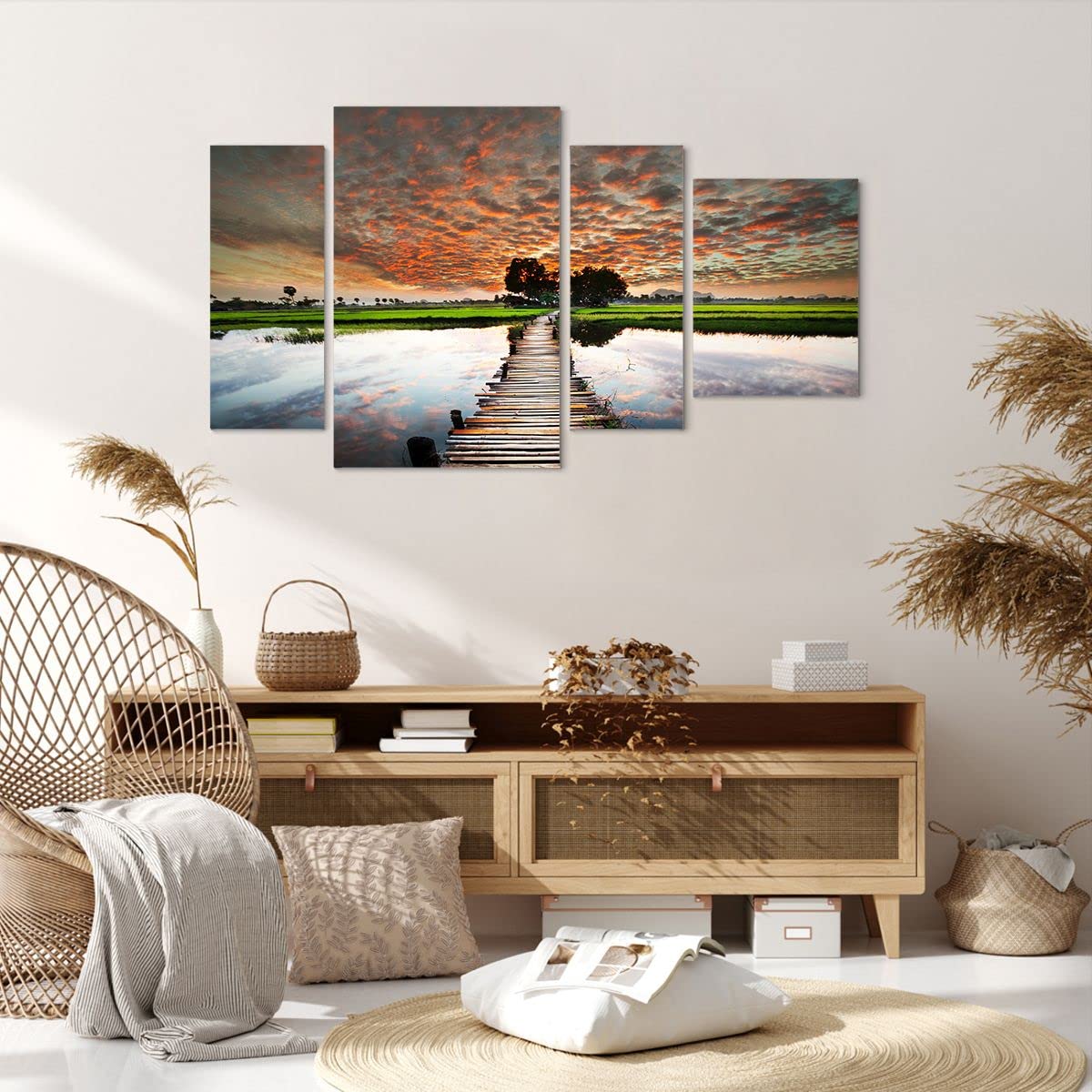 Cuadro Sobre Lienzo Decorativo 80x120 Cm - Motivo Puente Y Lago Asiático, Listo Para Colgar, Laminado Protector